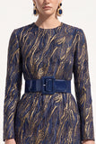 Ink Blue Bodycon Round Neck Jacquard Midi Work Dress with Belt