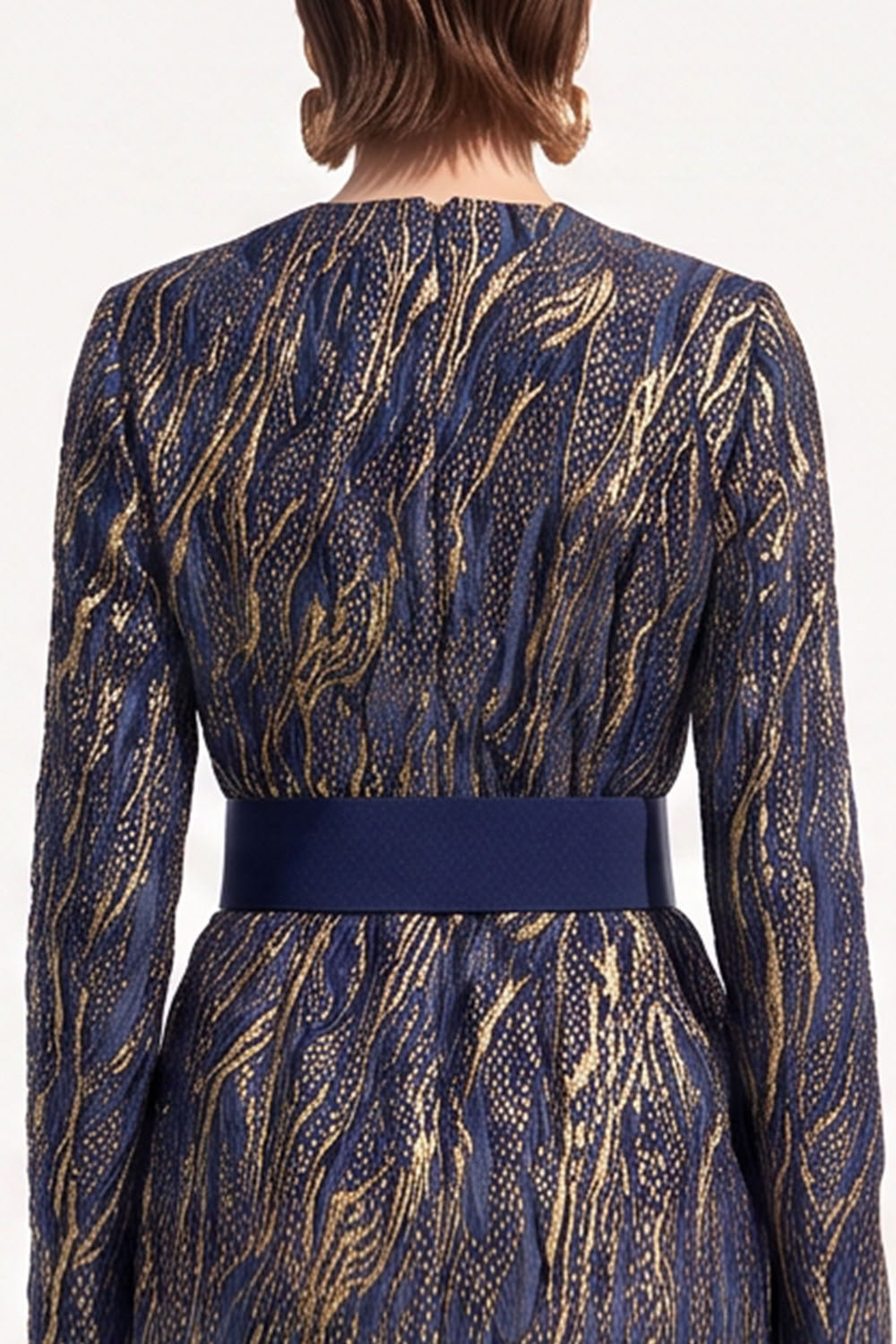 Ink Blue Bodycon Round Neck Jacquard Midi Work Dress with Belt