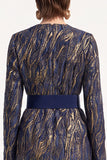 Ink Blue Bodycon Round Neck Jacquard Midi Work Dress with Belt