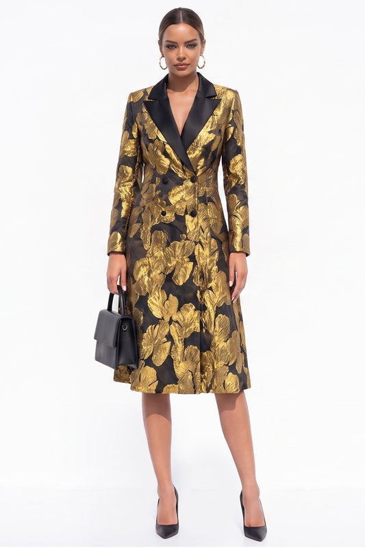 Golden Yellow Peak Lapel Jacquard Double Breasted Midi Blazer Dress