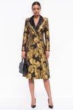 Golden Yellow Peak Lapel Jacquard Double Breasted Midi Blazer Dress