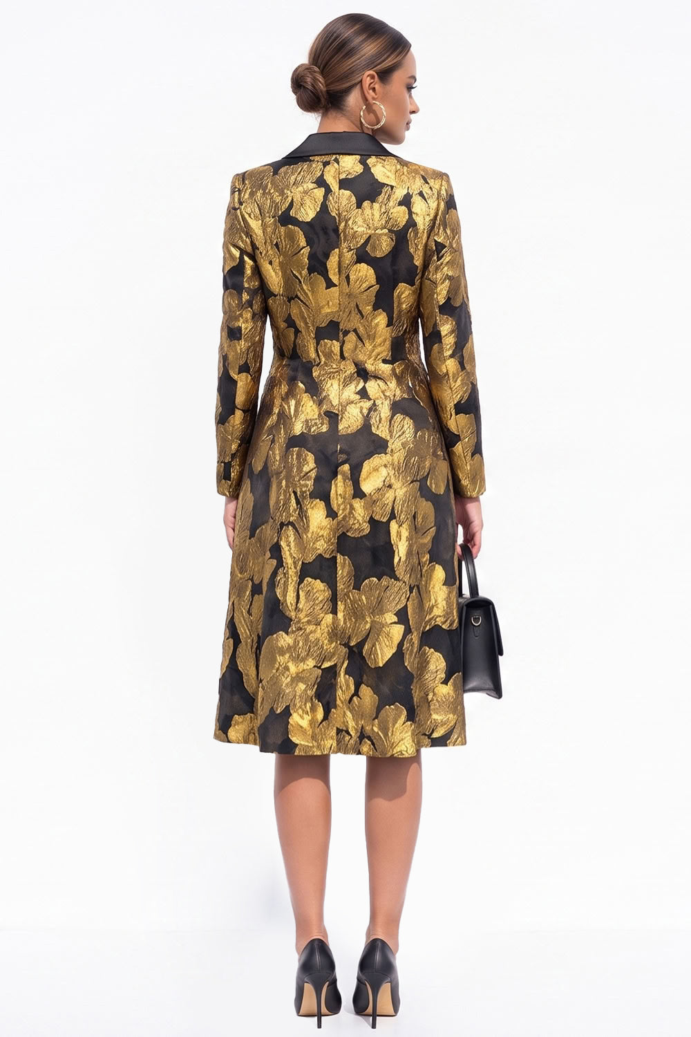 Golden Yellow Peak Lapel Jacquard Double Breasted Midi Blazer Dress