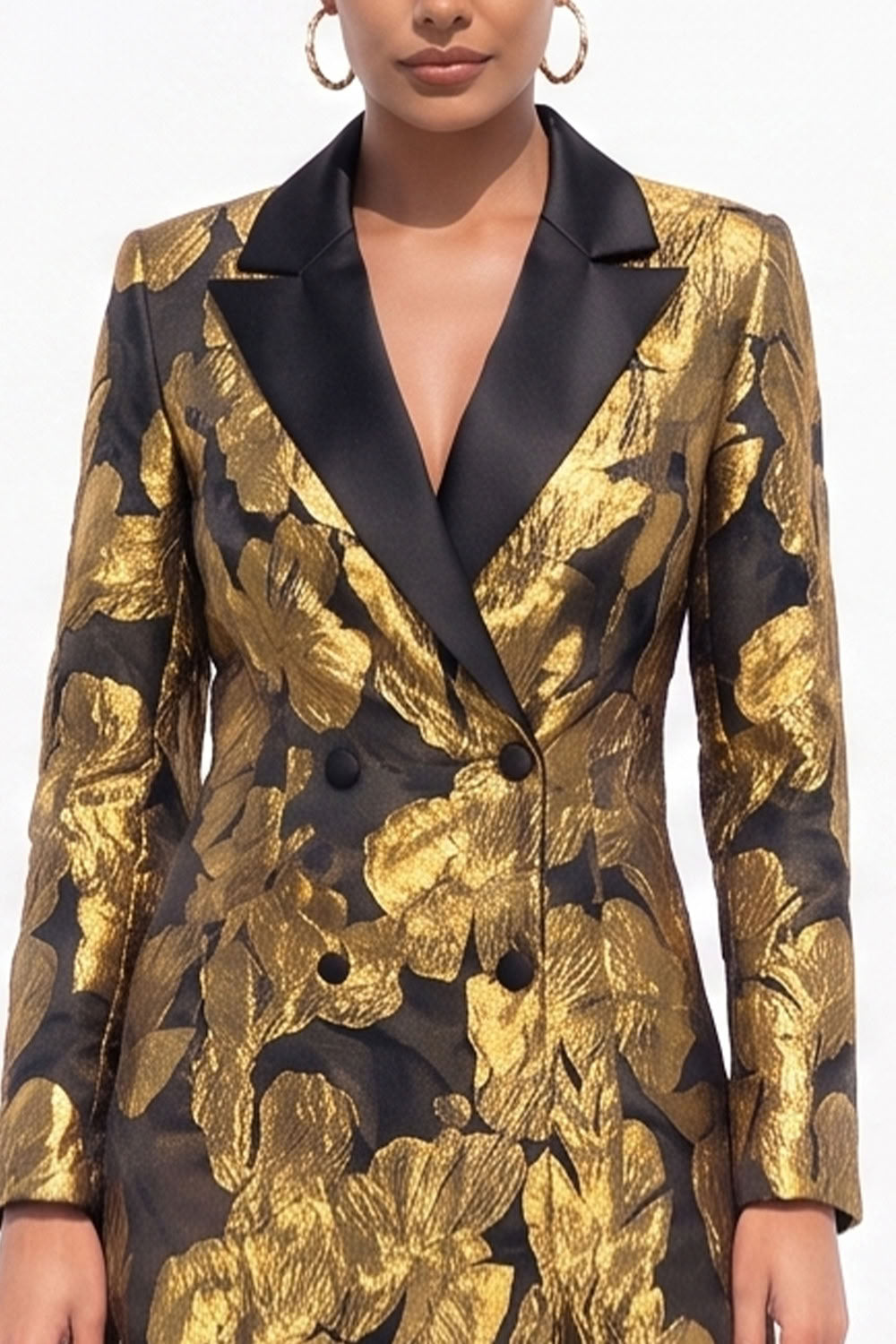 Golden Yellow Peak Lapel Jacquard Double Breasted Midi Blazer Dress