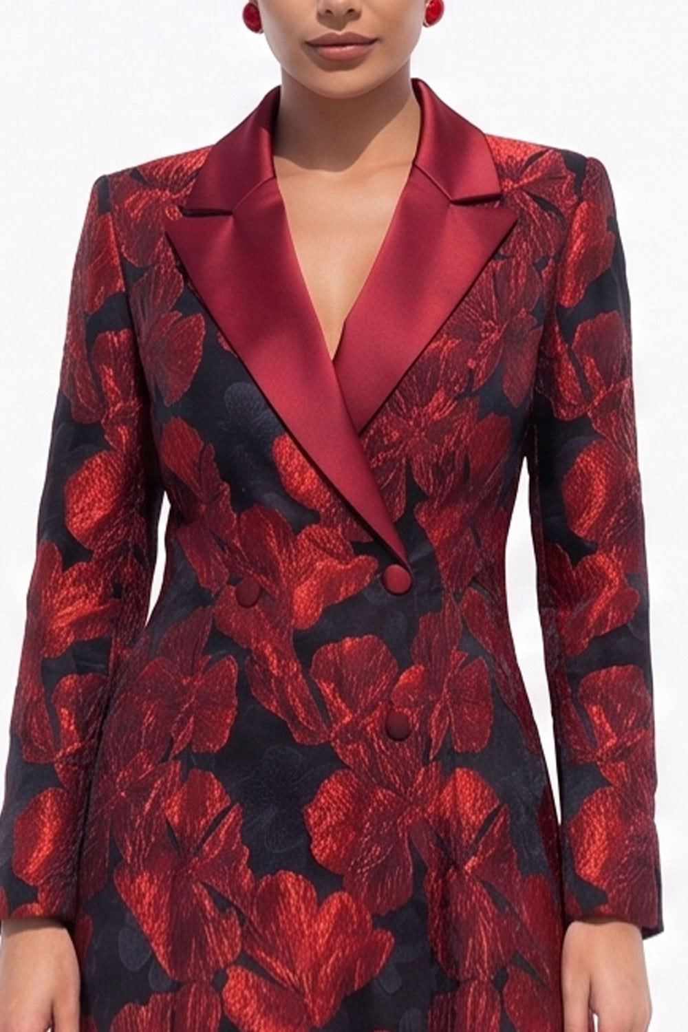 Golden Yellow Peak Lapel Jacquard Double Breasted Midi Blazer Dress