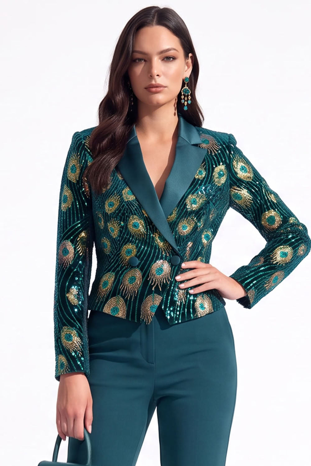 Sparkly Peacock Green Sequins Notched Lapel Women Prom Blazer