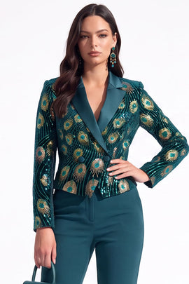 Sparkly Peacock Green Sequins Notched Lapel Women Prom Blazer