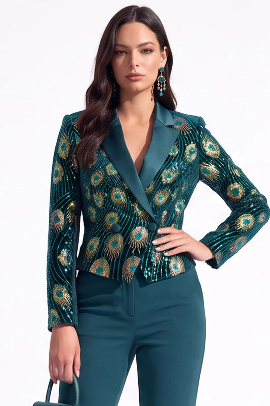 Sparkly Peacock Green Sequins Notched Lapel Women Prom Blazer