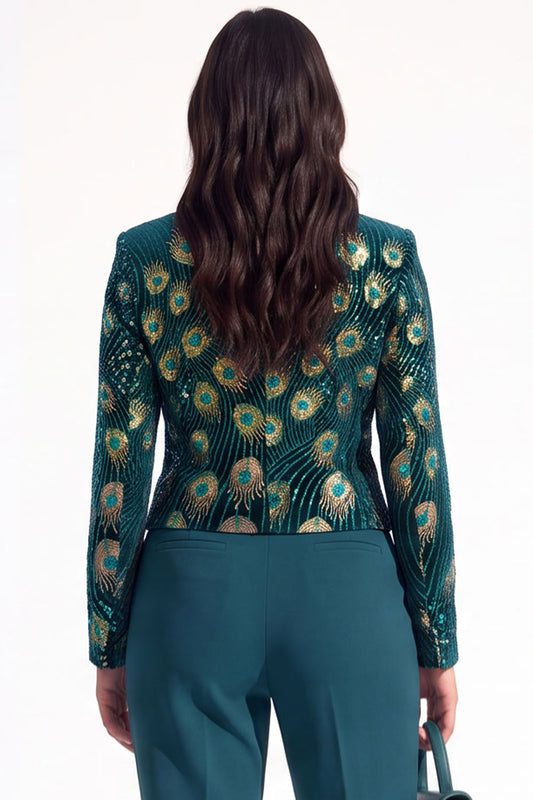 Sparkly Peacock Green Sequins Notched Lapel Women Prom Blazer