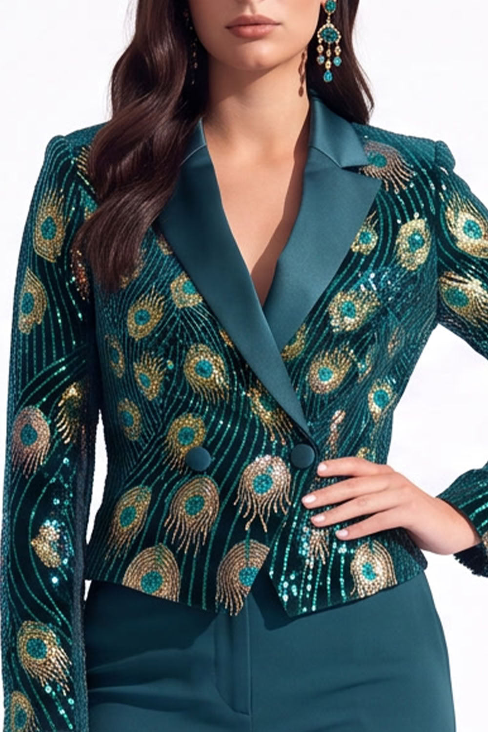 Sparkly Peacock Green Sequins Notched Lapel Women Prom Blazer