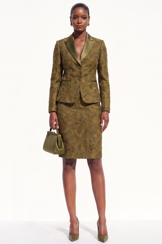 Brown 2-Piece Peak Lapel Bodycon Jacquard Short Work Dress
