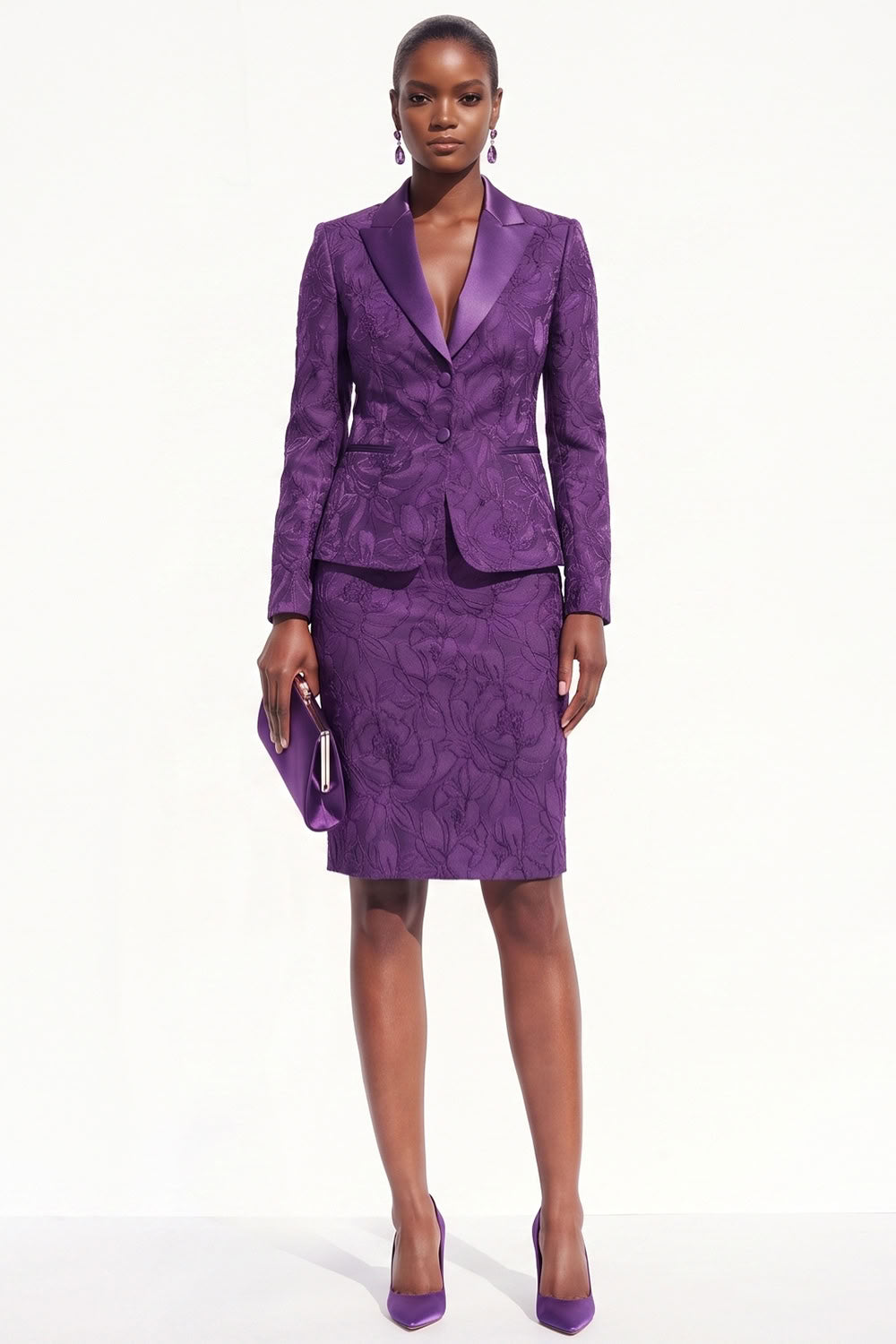 Brown 2-Piece Peak Lapel Bodycon Jacquard Short Work Dress
