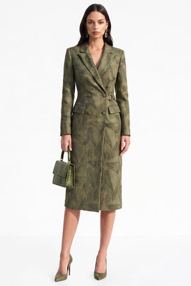 Army Green Bodycon Peak Lapel Jacquard Double Breasted Midi Blazer Dress