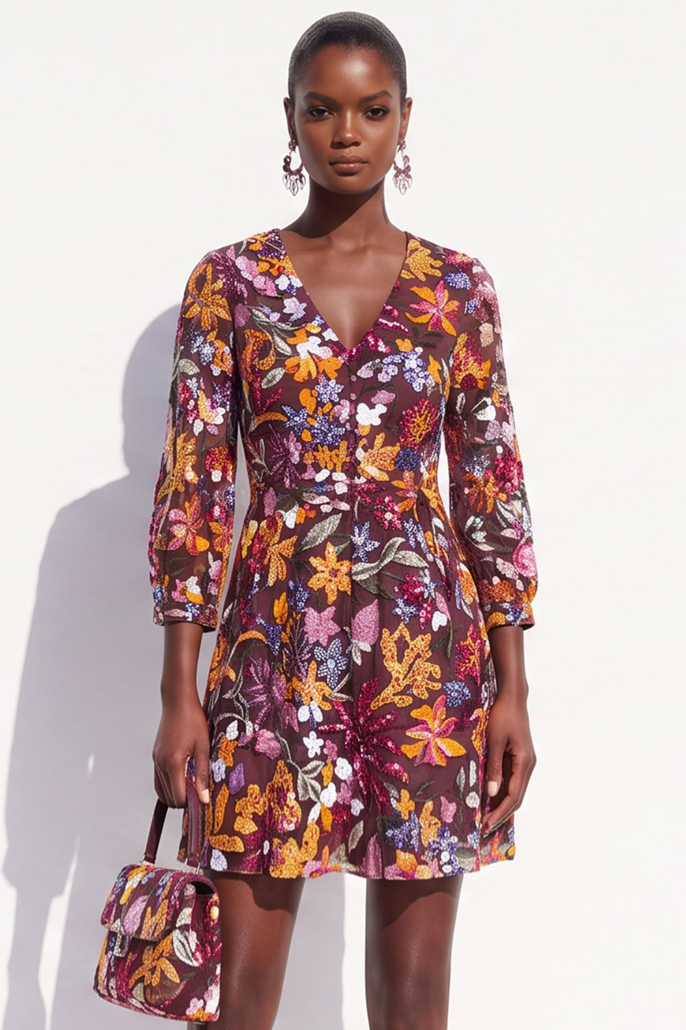 Sparkly Burgundy V-Neck Sequins Floral 3/4 Sleeves Short Work Dress