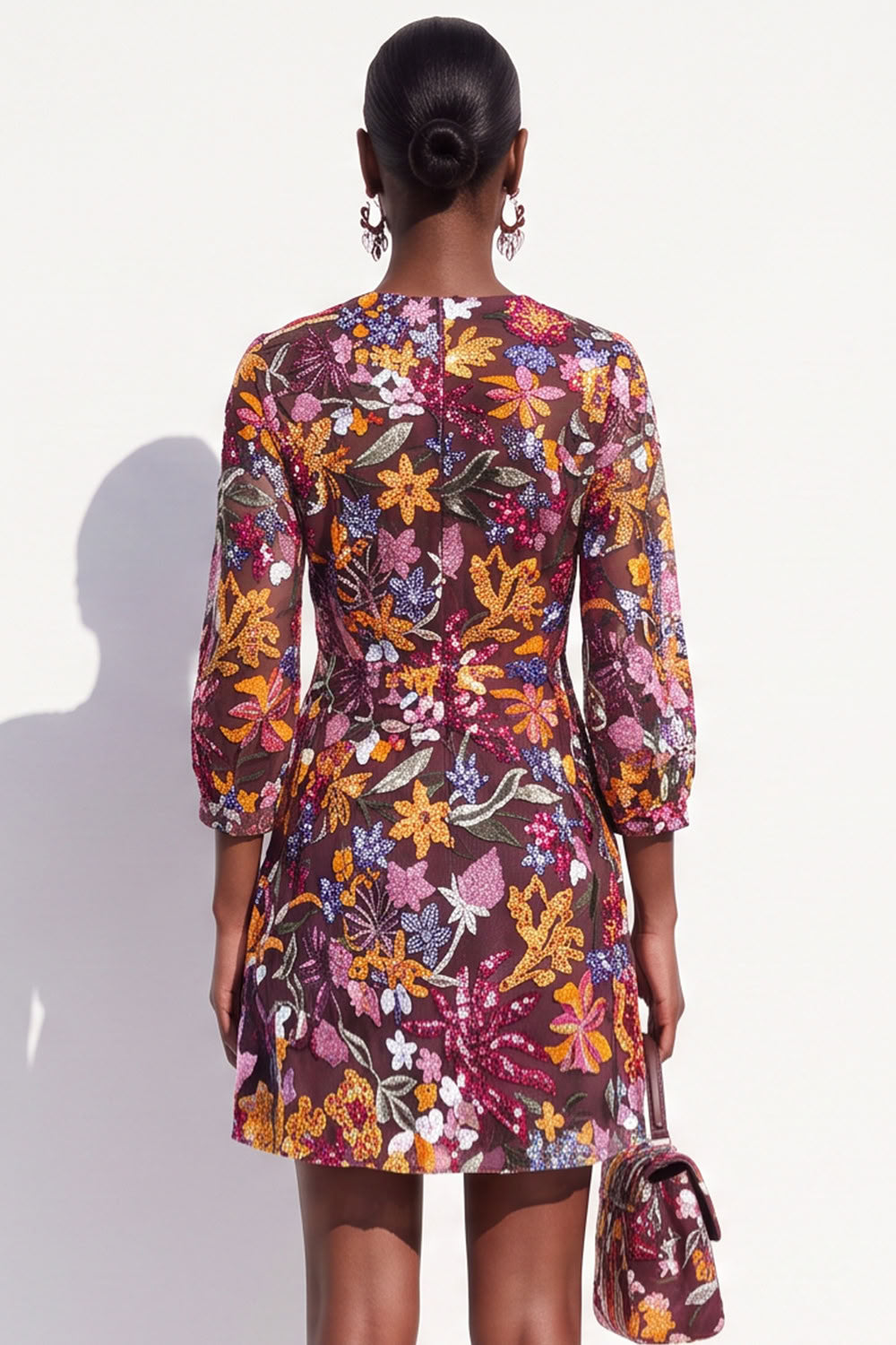 Sparkly Burgundy V-Neck Sequins Floral 3/4 Sleeves Short Work Dress
