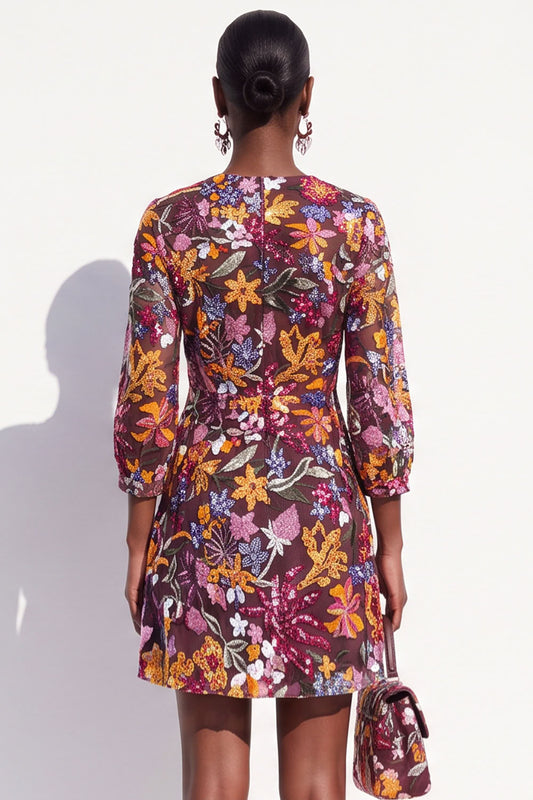 Sparkly Burgundy V-Neck Sequins Floral 3/4 Sleeves Short Work Dress