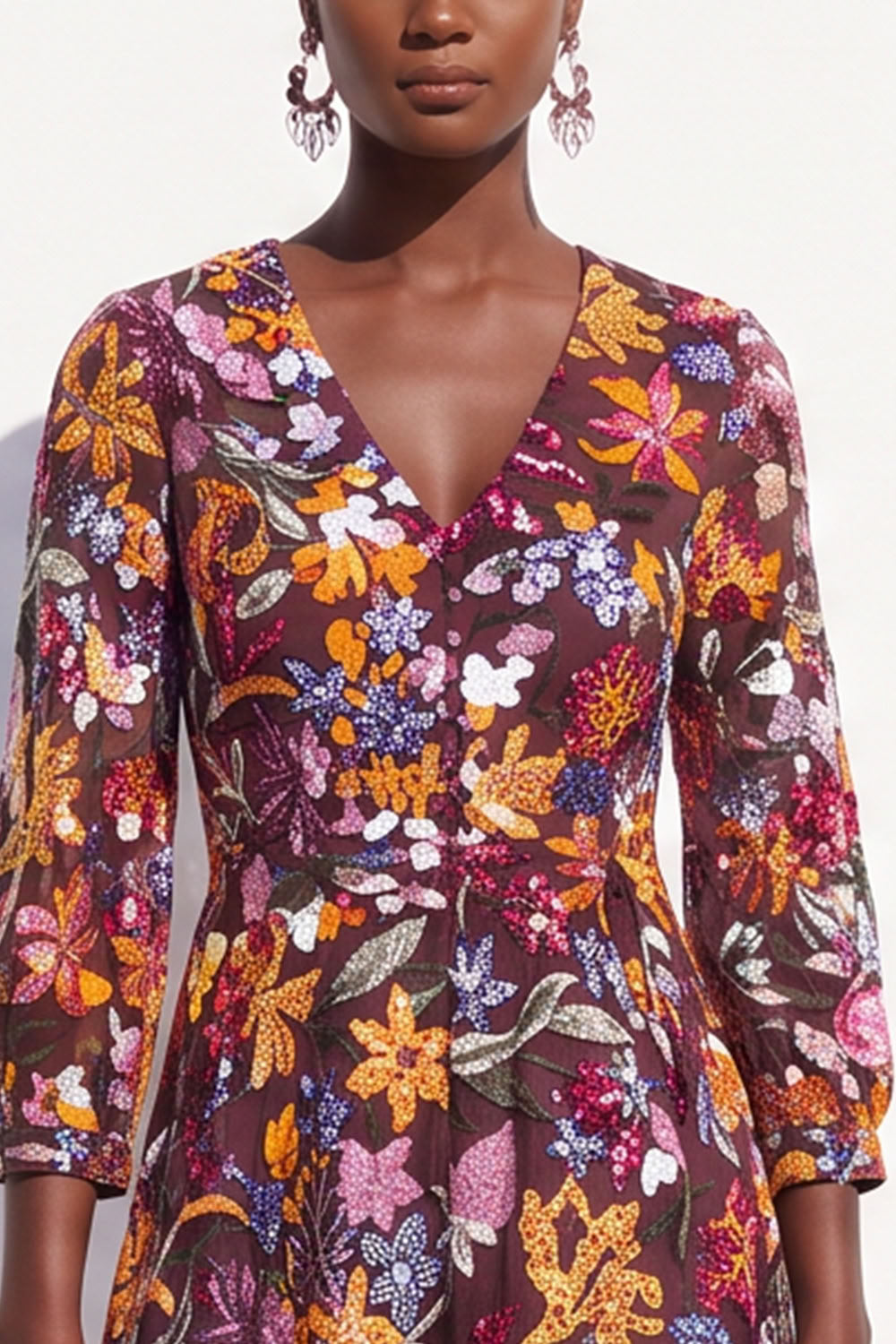 Sparkly Burgundy V-Neck Sequins Floral 3/4 Sleeves Short Work Dress