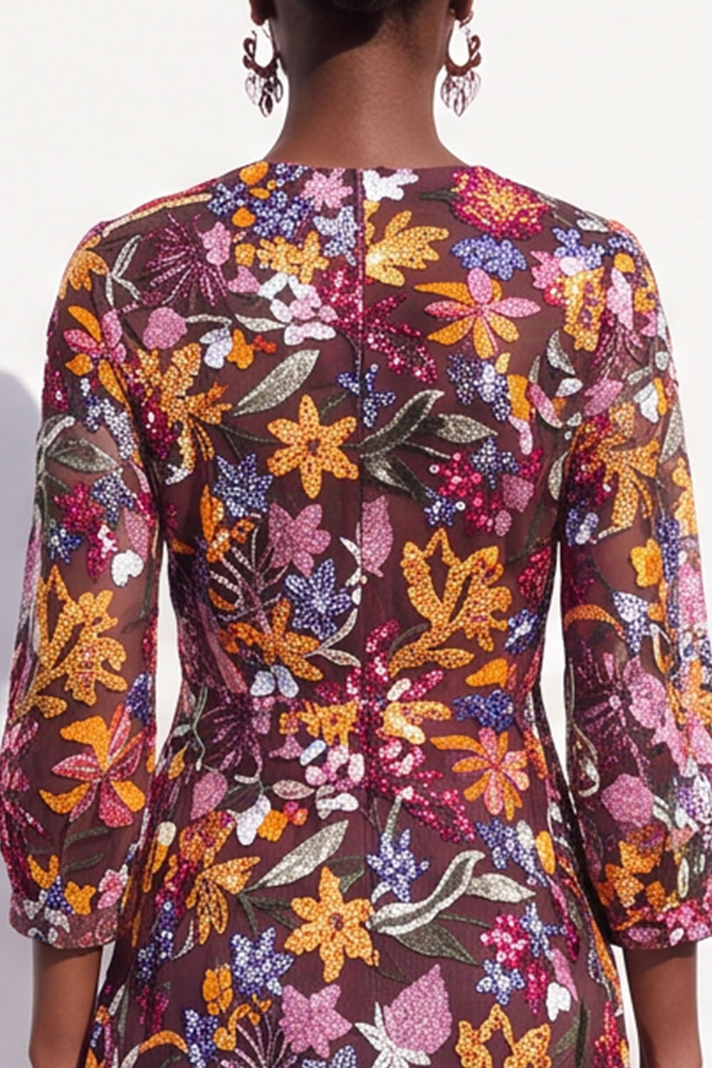 Sparkly Burgundy V-Neck Sequins Floral 3/4 Sleeves Short Work Dress