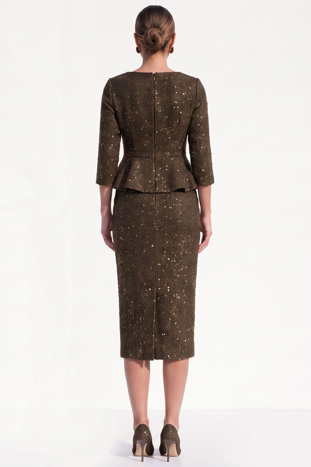 Glitter Brown Tweed Bodycon Ruffled Midi Work Dress with Sleeves