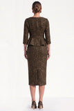 Glitter Brown Tweed Bodycon Ruffled Midi Work Dress with Sleeves