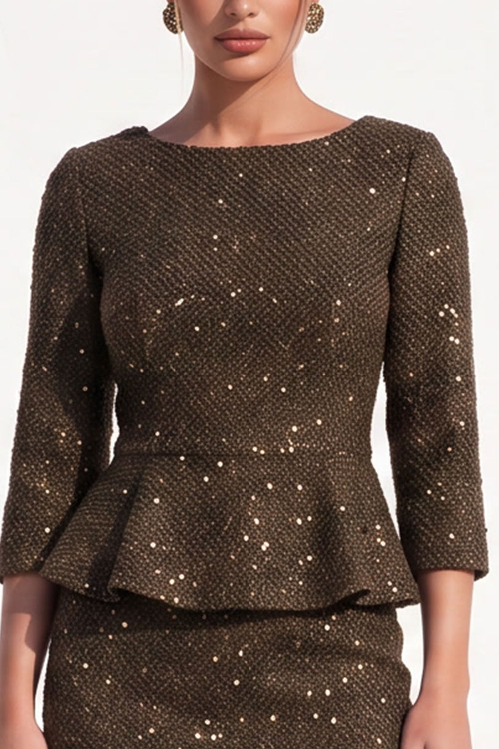 Glitter Brown Tweed Bodycon Ruffled Midi Work Dress with Sleeves