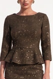Glitter Brown Tweed Bodycon Ruffled Midi Work Dress with Sleeves