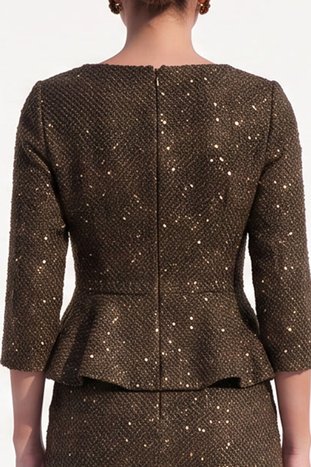 Glitter Brown Tweed Bodycon Ruffled Midi Work Dress with Sleeves