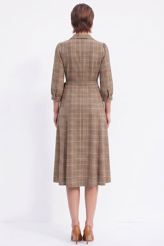 Coffee Plaid A-Line 3/4 Sleeves Midi Work Dress with Sash