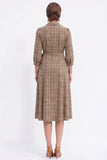 Coffee Plaid A-Line 3/4 Sleeves Midi Work Dress with Sash