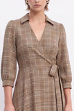 Coffee Plaid A-Line 3/4 Sleeves Midi Work Dress with Sash