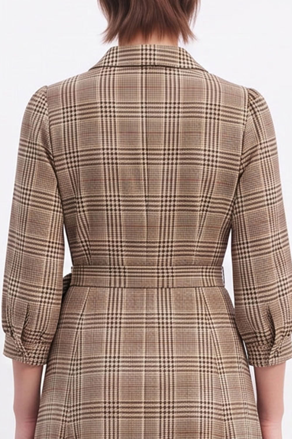 Coffee Plaid A-Line 3/4 Sleeves Midi Work Dress with Sash