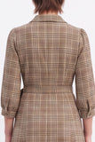 Coffee Plaid A-Line 3/4 Sleeves Midi Work Dress with Sash