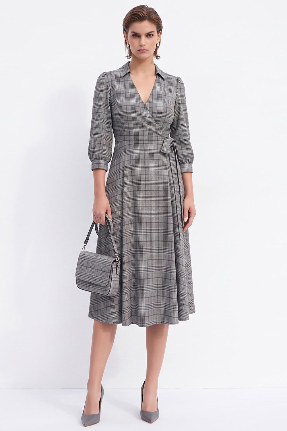 Coffee Plaid A-Line 3/4 Sleeves Midi Work Dress with Sash