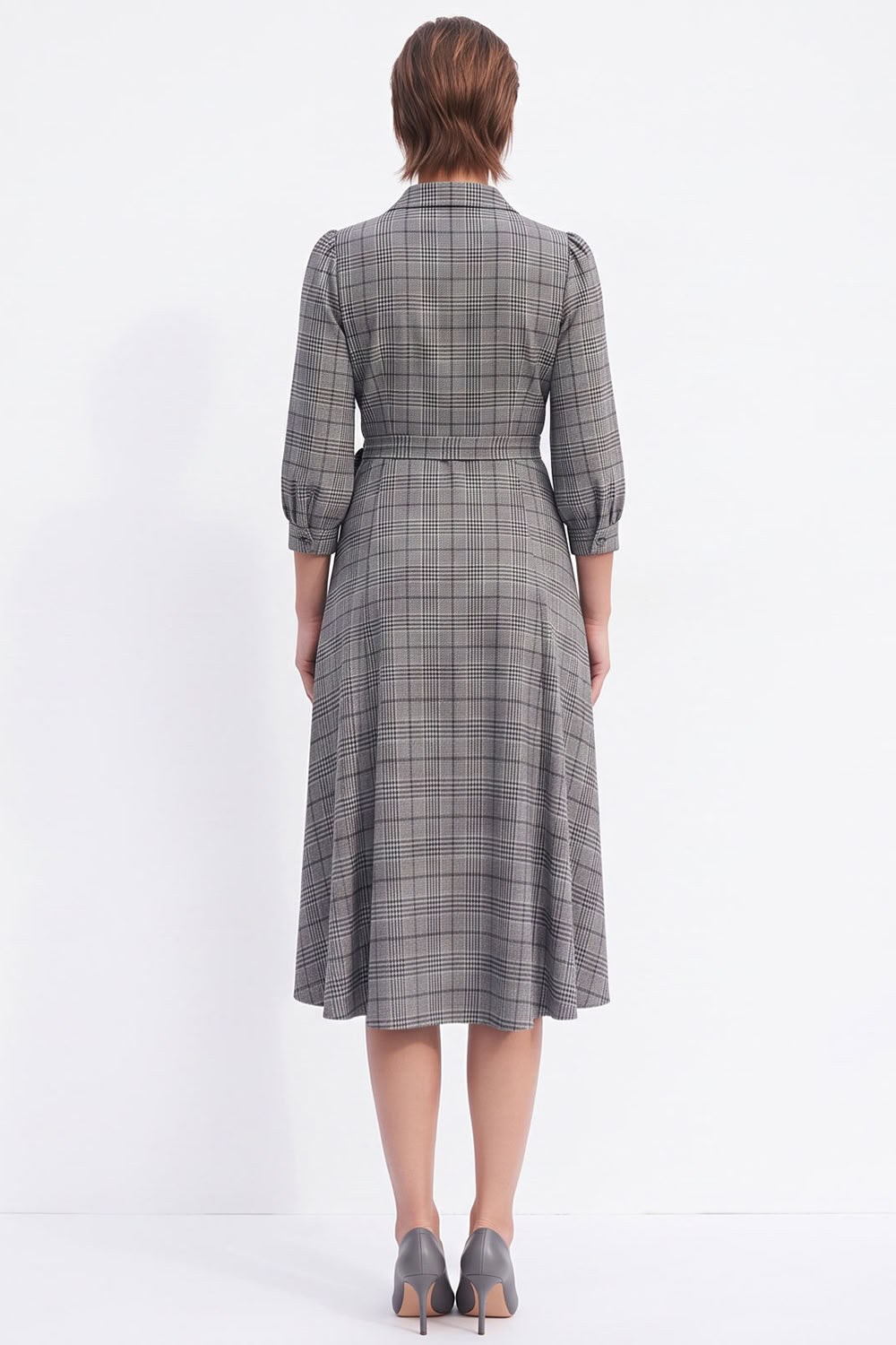 Coffee Plaid A-Line 3/4 Sleeves Midi Work Dress with Sash