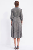 Coffee Plaid A-Line 3/4 Sleeves Midi Work Dress with Sash