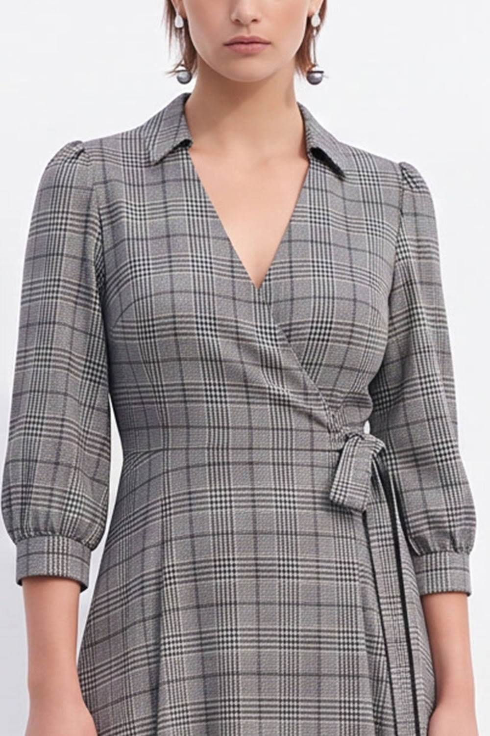 Coffee Plaid A-Line 3/4 Sleeves Midi Work Dress with Sash