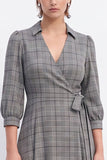 Coffee Plaid A-Line 3/4 Sleeves Midi Work Dress with Sash