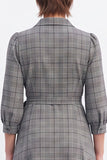 Coffee Plaid A-Line 3/4 Sleeves Midi Work Dress with Sash