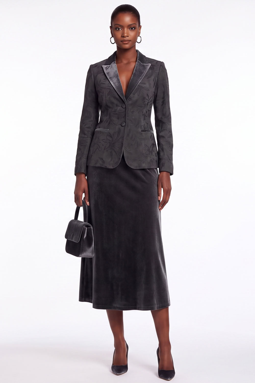 Black Grey 2-Piece Peak Lapel Midi Velvet Floral Work Dress