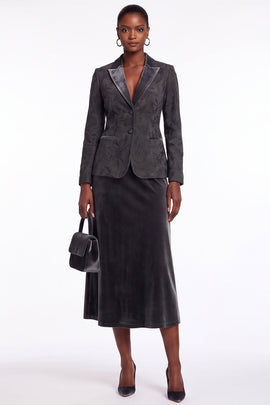 Black Grey 2-Piece Peak Lapel Midi Velvet Floral Work Dress