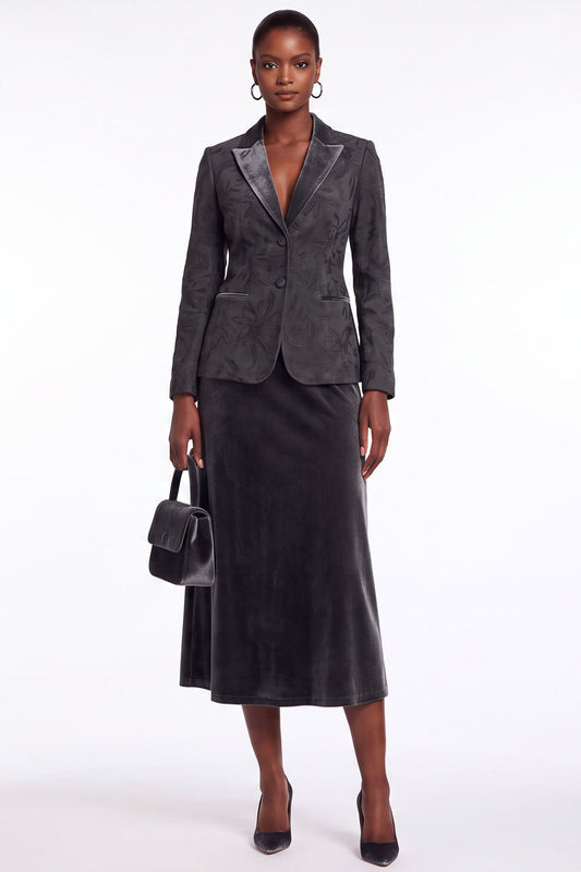 Black Grey 2-Piece Peak Lapel Midi Velvet Floral Work Dress