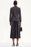 Black Grey 2-Piece Peak Lapel Midi Velvet Floral Work Dress