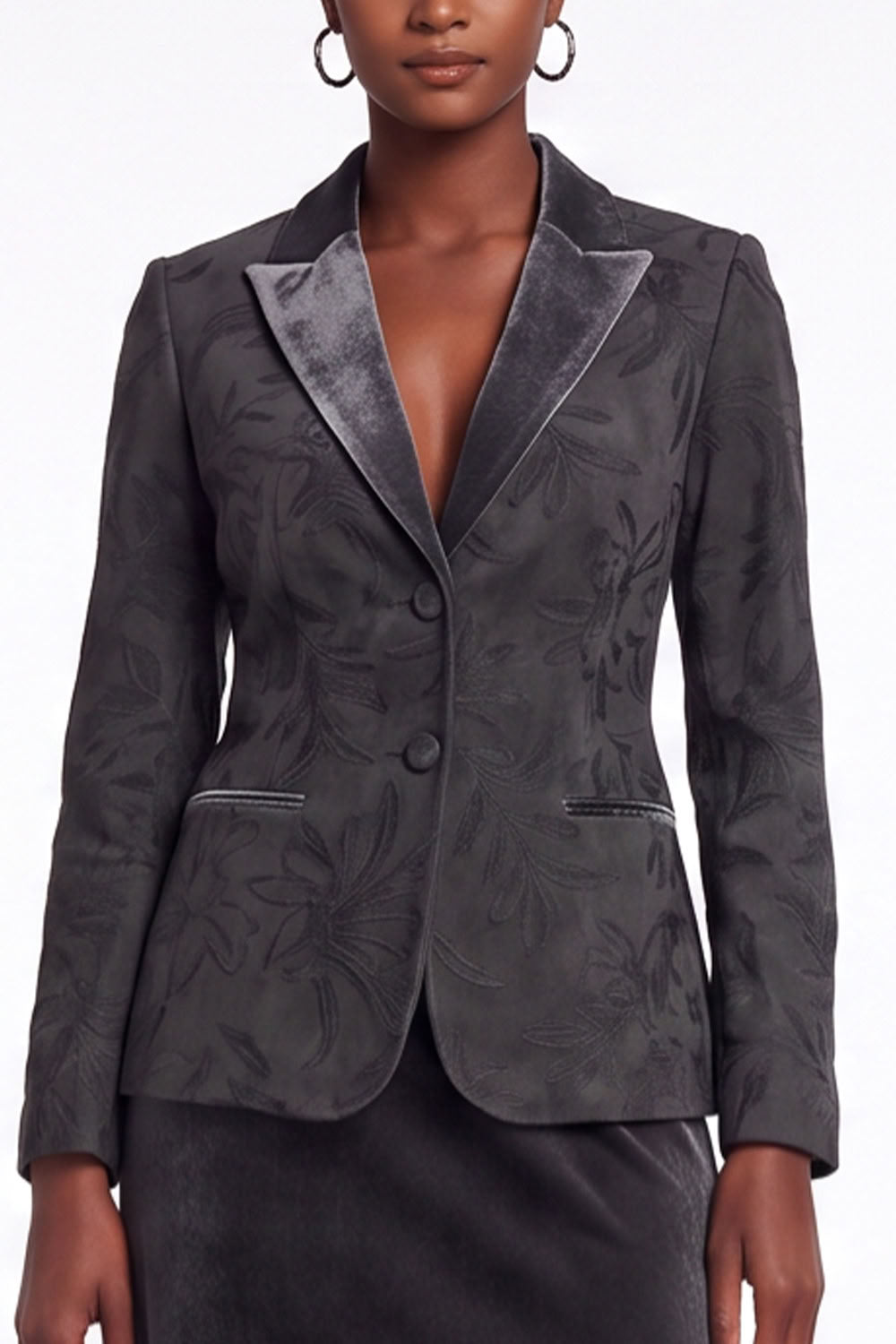 Black Grey 2-Piece Peak Lapel Midi Velvet Floral Work Dress