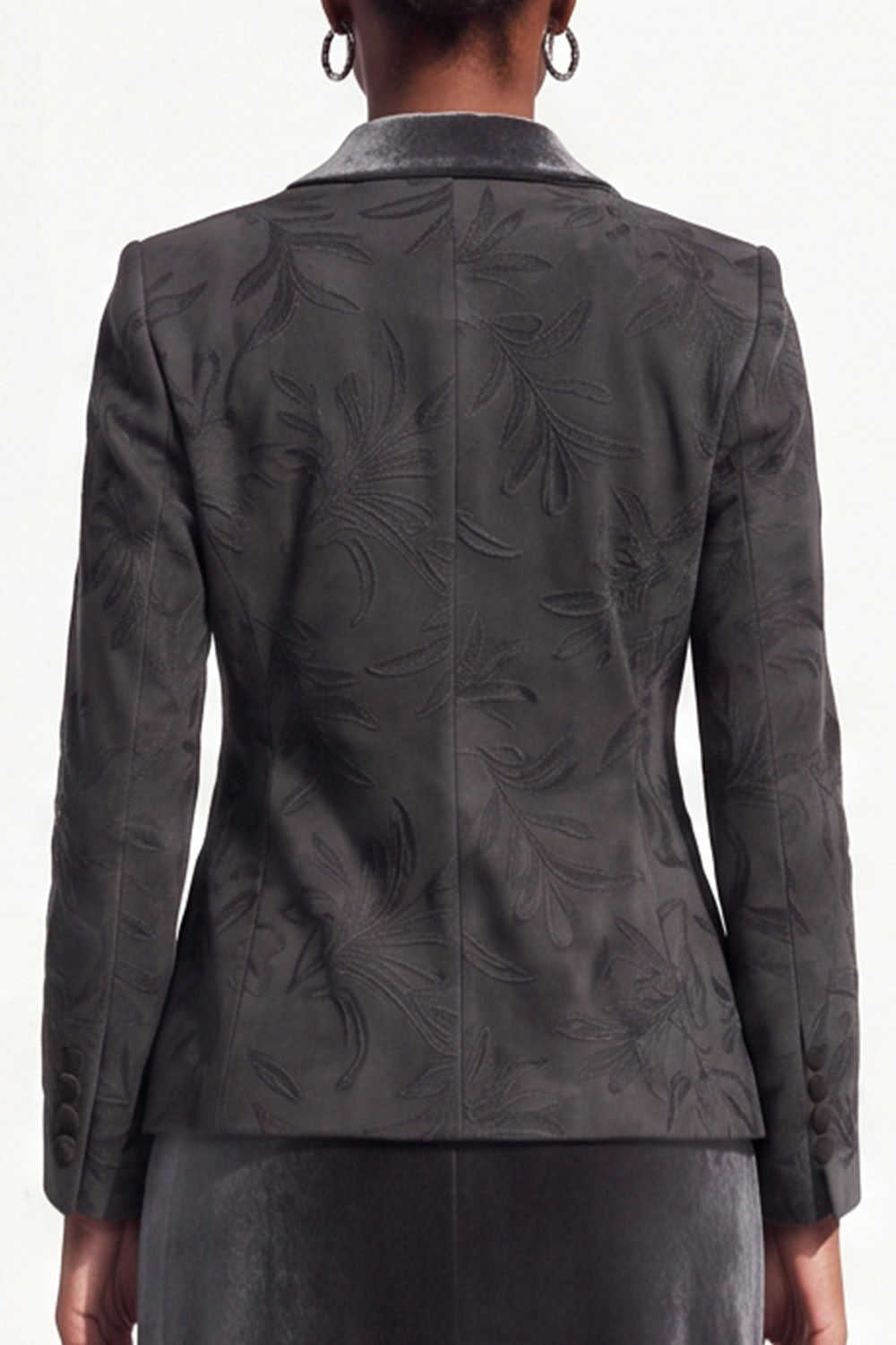 Black Grey 2-Piece Peak Lapel Midi Velvet Floral Work Dress