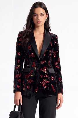 Sparkly Burgundy Sequins Peak Lapel Floral Women Prom Blazer