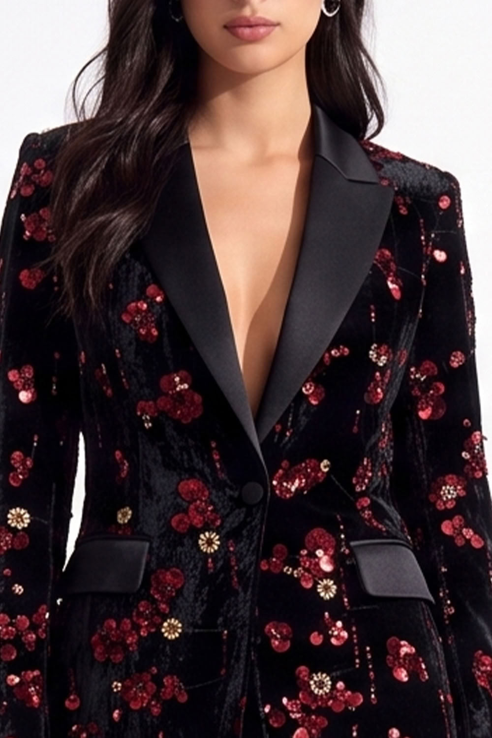 Sparkly Burgundy Sequins Peak Lapel Floral Women Prom Blazer