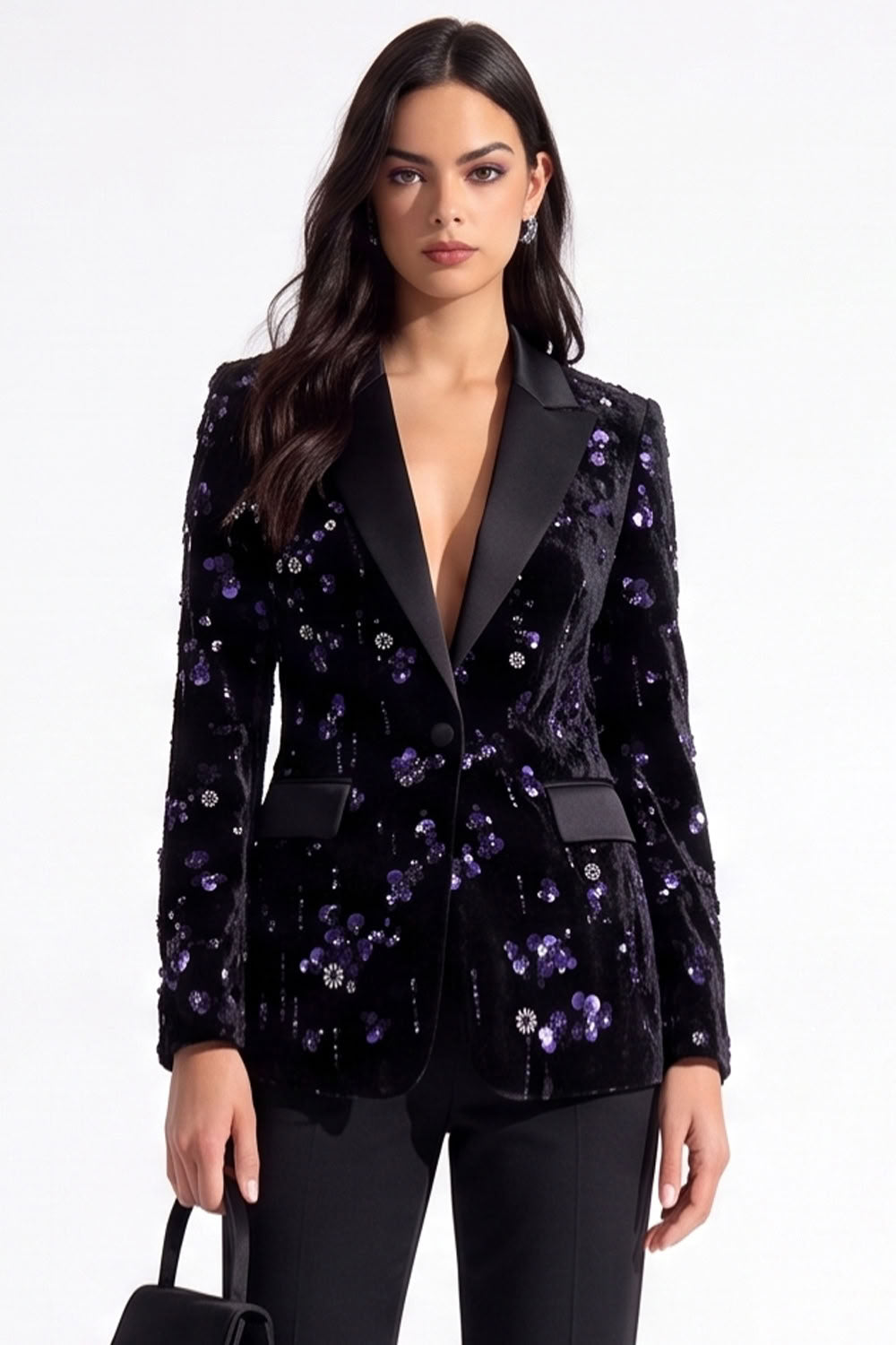 Sparkly Burgundy Sequins Peak Lapel Floral Women Prom Blazer