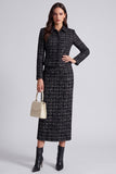 Black 2 Piece Tweed Bodycon Lapel Midi Work Dress with Slit