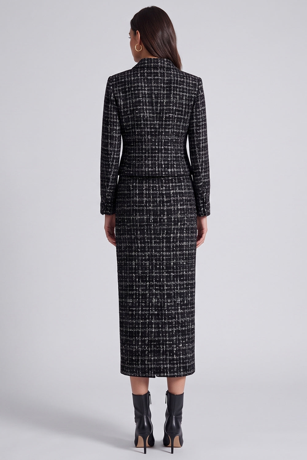 Black 2 Piece Tweed Bodycon Lapel Midi Work Dress with Slit