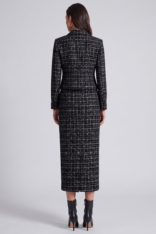Black 2 Piece Tweed Bodycon Lapel Midi Work Dress with Slit