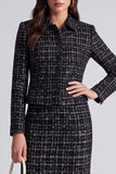 Black 2 Piece Tweed Bodycon Lapel Midi Work Dress with Slit